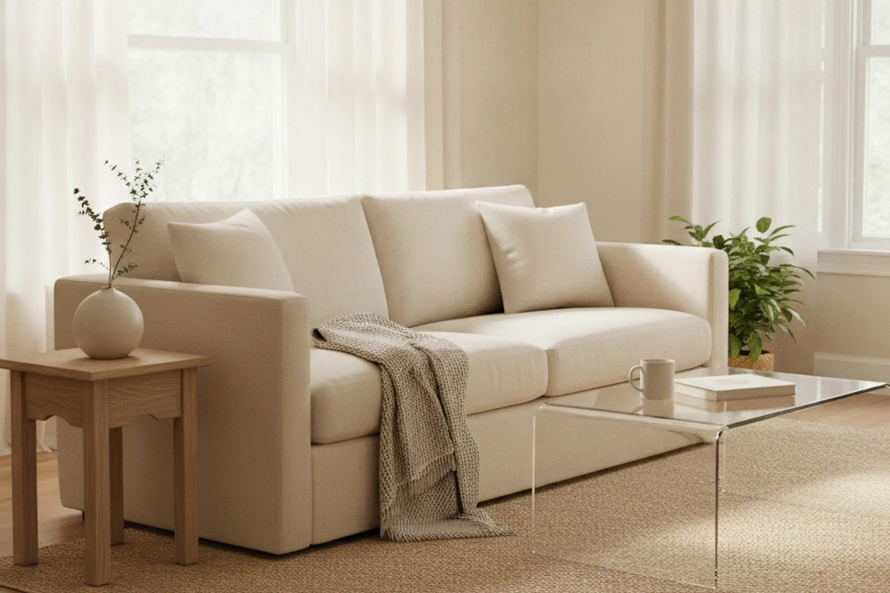 A sunlit, tidy living room with a book and a warm mug, a calm moment at home