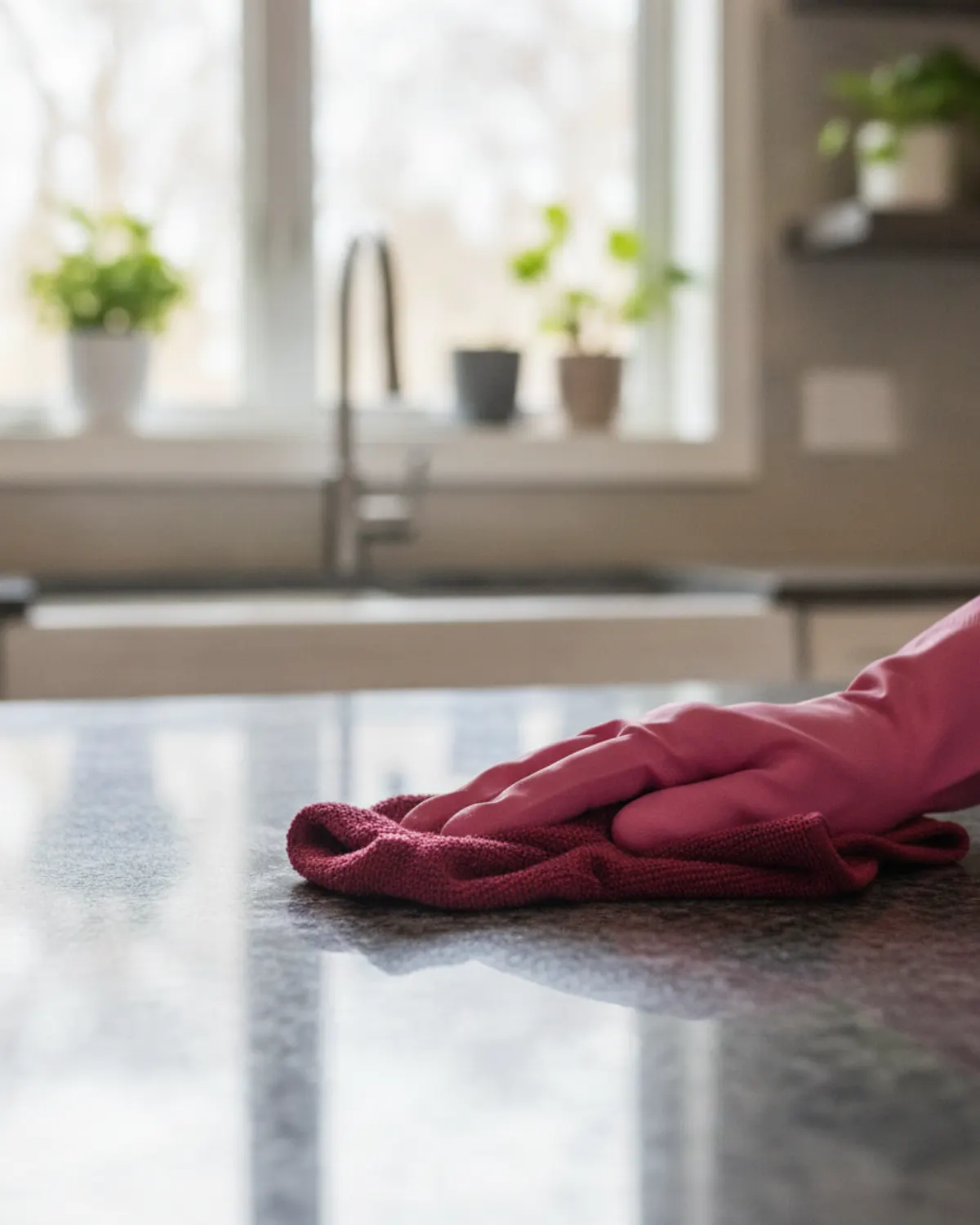A gloved hand wiping a stone surface, the disciplined detail of the clean